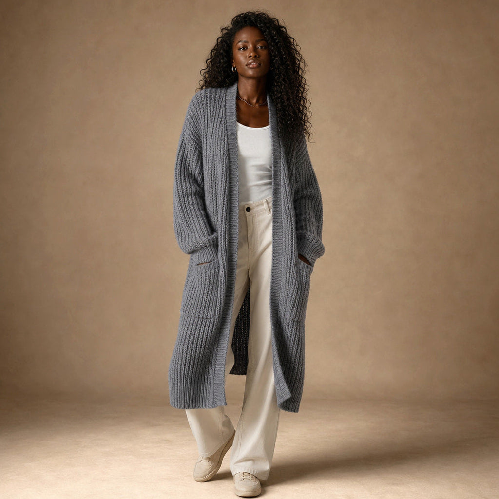 Heiltraud | Lange Strickjacke mit offener Front – Gesamtlook