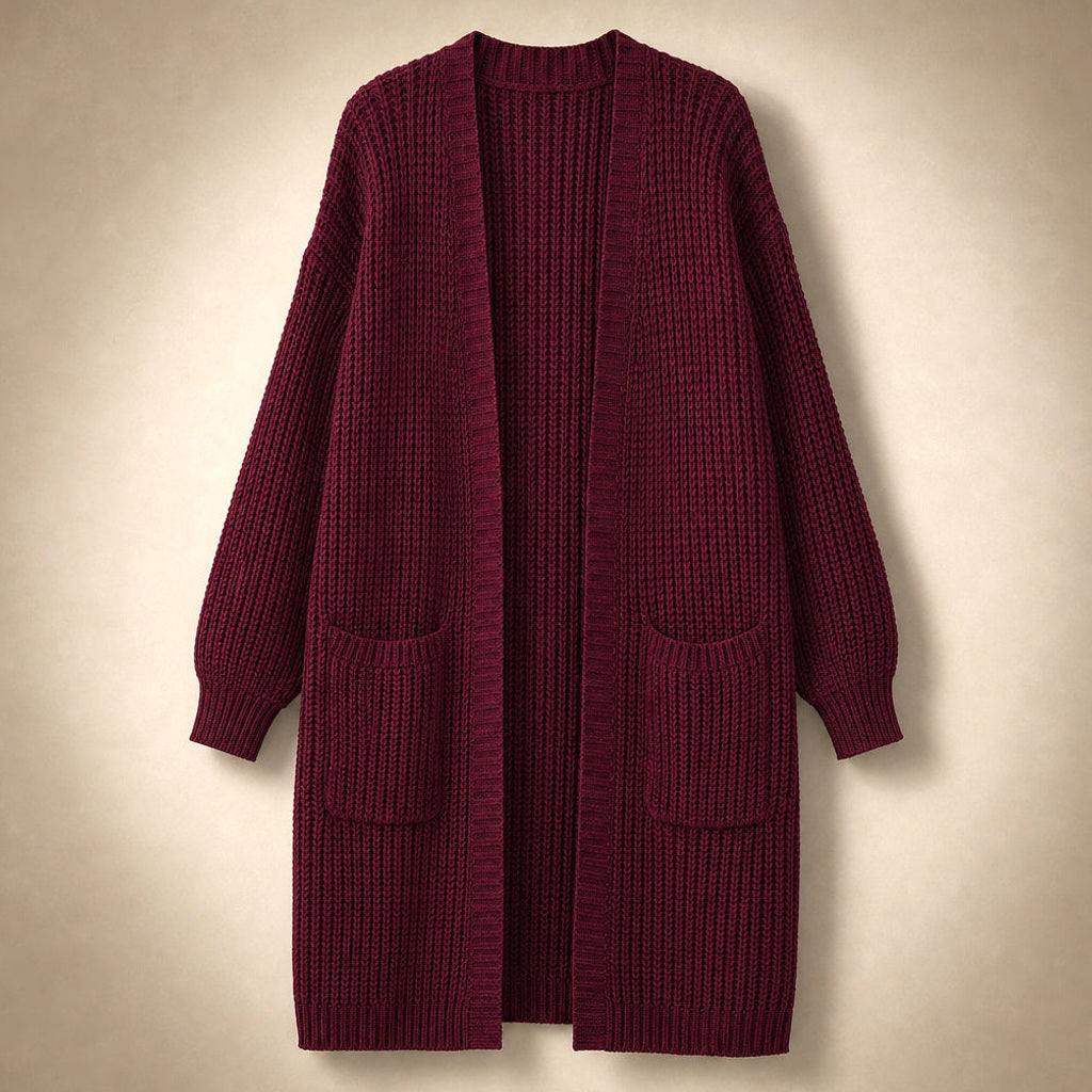 Heiltraud | Lange Strickjacke mit offener Front Karmesinrot – Produktfoto
