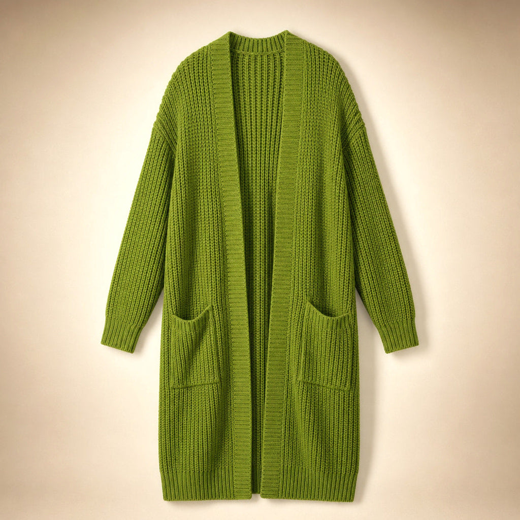 Heiltraud | Lange Strickjacke mit offener Front Oliv – Produktfoto