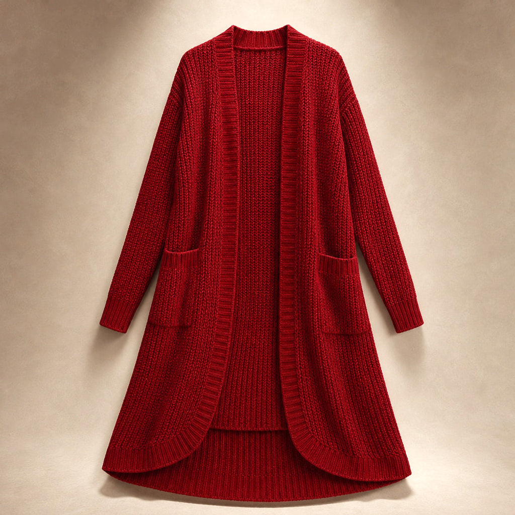 Heiltraud | Lange Strickjacke mit offener Front Rot – Produktfoto
