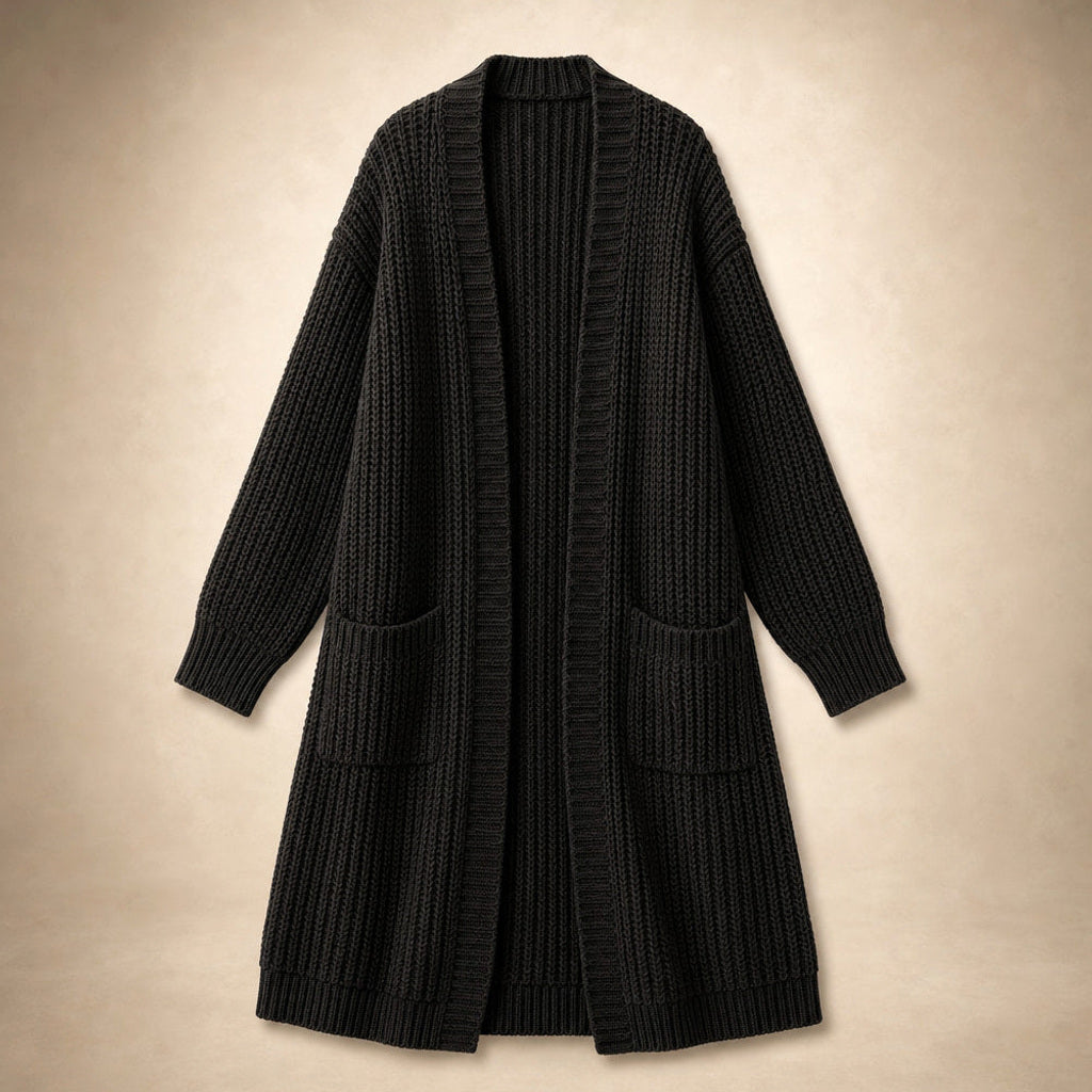 Heiltraud | Lange Strickjacke mit offener Front Schwarz – Produktfoto