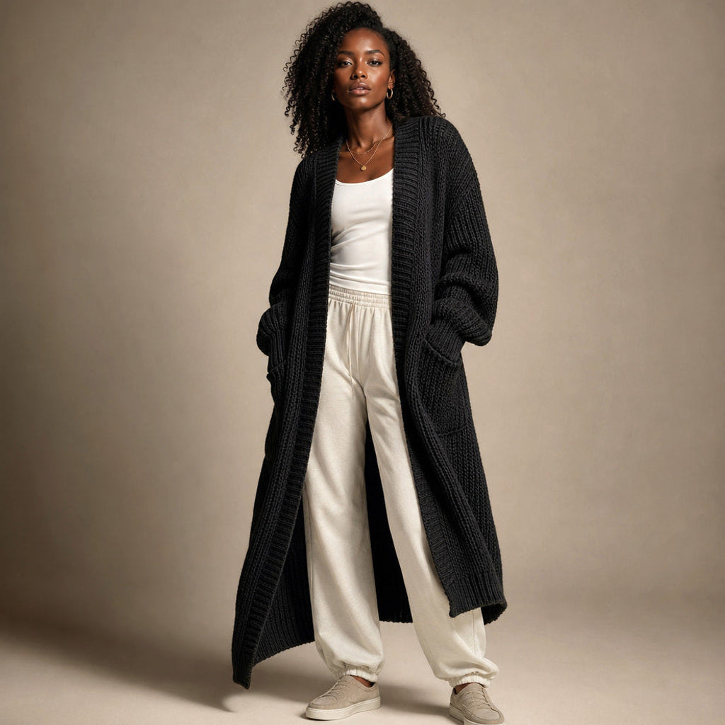 Heiltraud | Lange Strickjacke mit offener Front in Schwarz – Premium Editorial