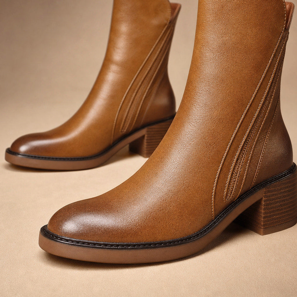 Heilwig | Chelsea Boots aus Leder mit Blockabsatz Braun – Stoff- und Detailaufnahme