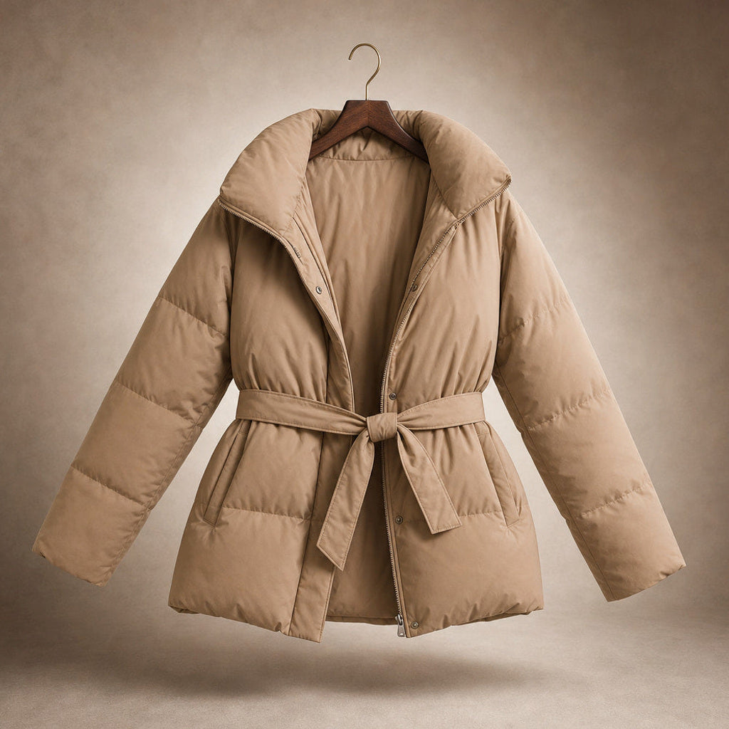 Helgunde | Steppjacke mit Taillengürtel und Stehkragen Beige – Produktfoto