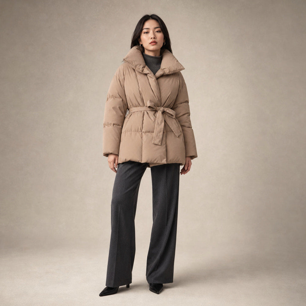 Helgunde | Steppjacke mit Taillengürtel und Stehkragen in Beige – Premium Editorial