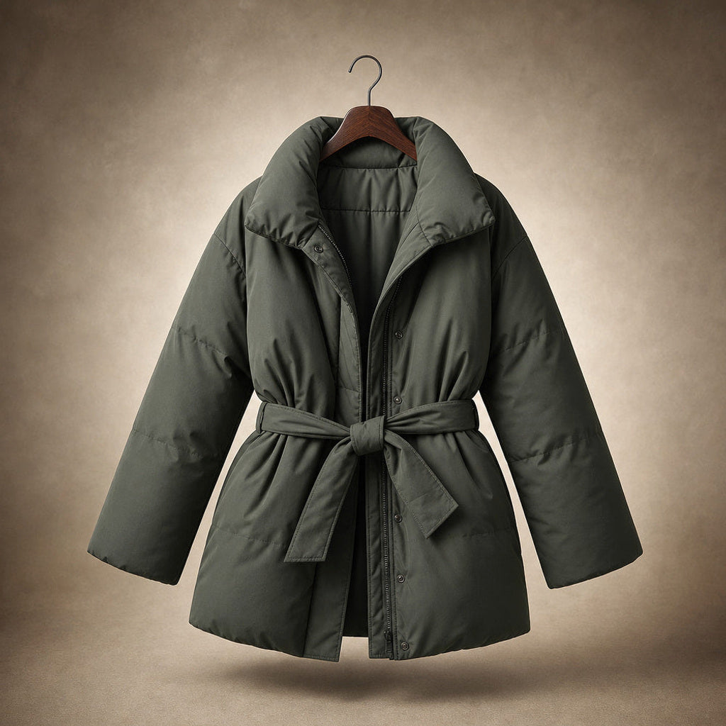 Helgunde | Steppjacke mit Taillengürtel und Stehkragen Grün – Produktfoto