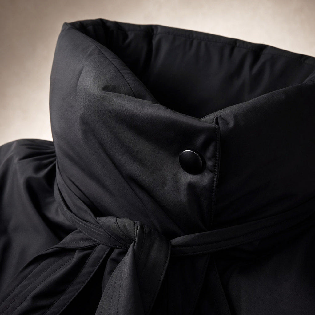 Helgunde | Steppjacke mit Taillengürtel und Stehkragen Schwarz – Stoff- und Detailaufnahme