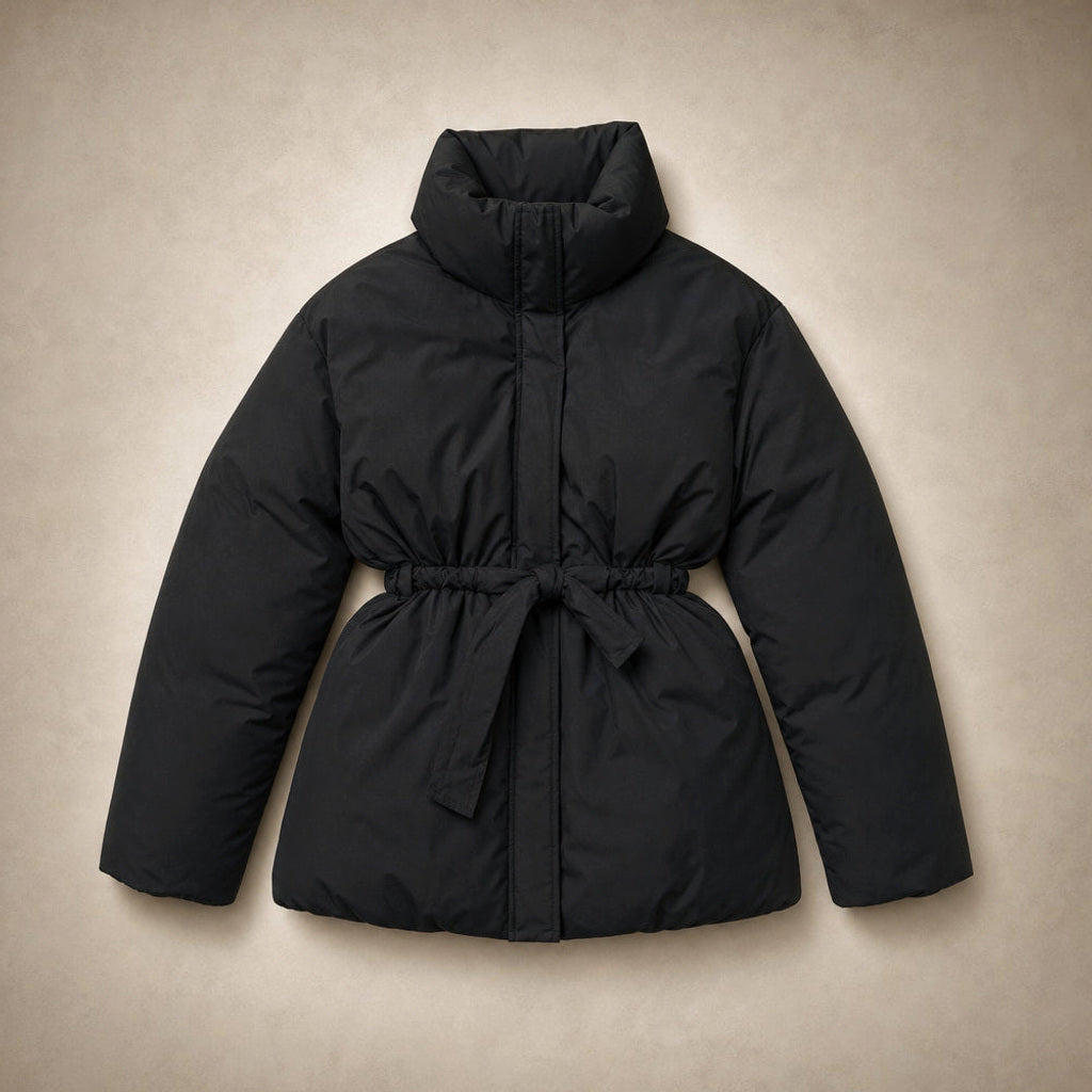 Helgunde | Steppjacke mit Taillengürtel und Stehkragen Schwarz – Flatlay-Produktfoto