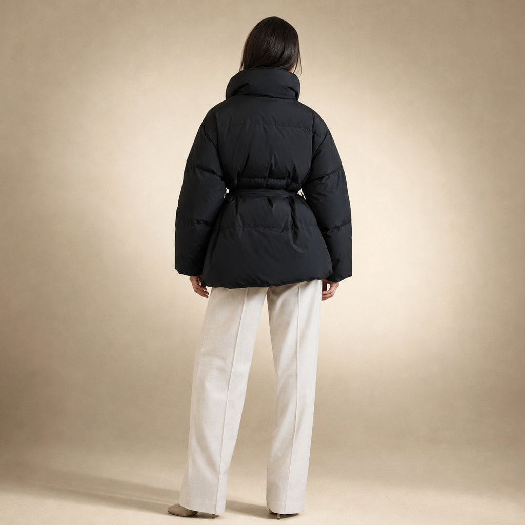 Helgunde | Steppjacke mit Taillengürtel und Stehkragen Schwarz – Gesamtlook
