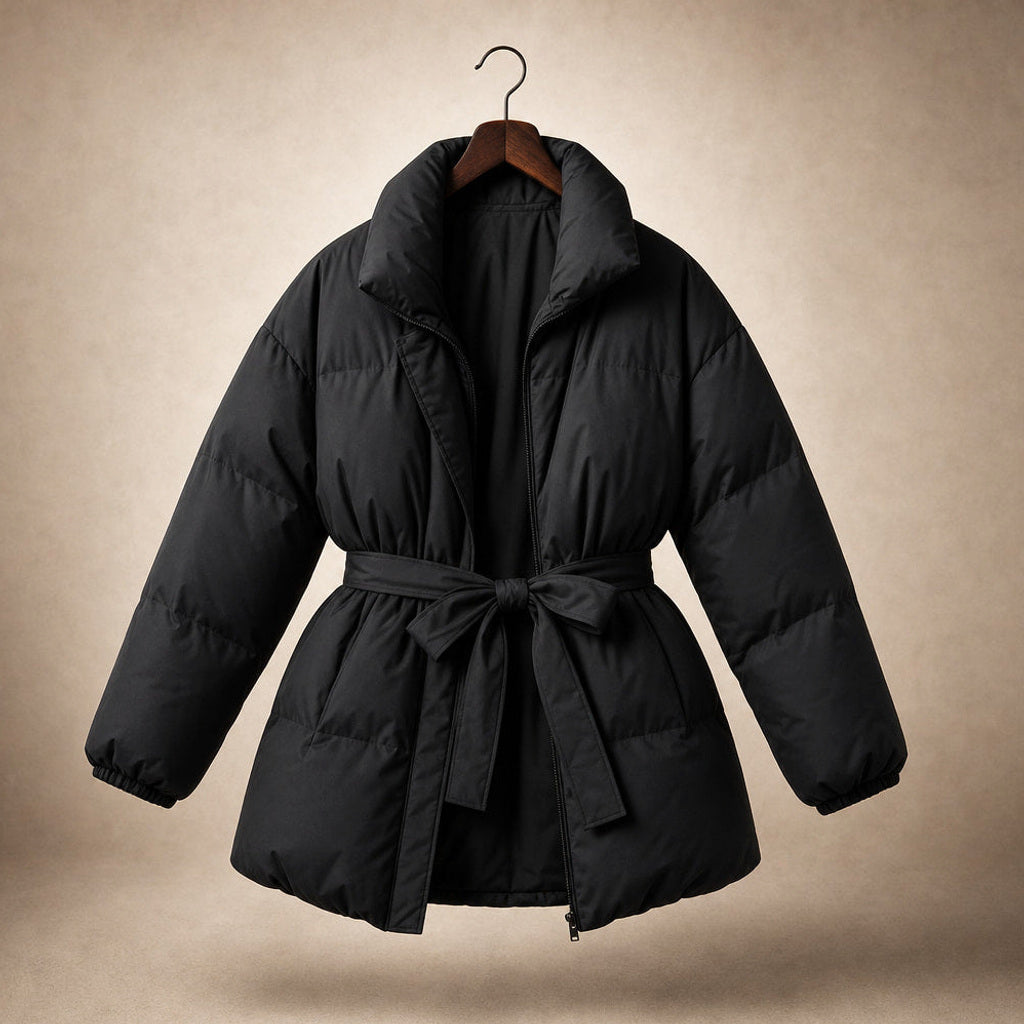 Helgunde | Steppjacke mit Taillengürtel und Stehkragen Schwarz – Produktfoto