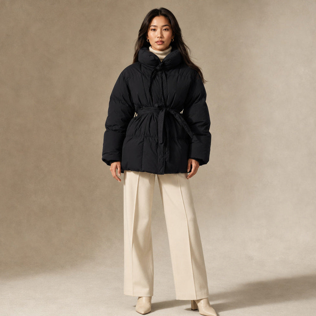 Helgunde | Steppjacke mit Taillengürtel und Stehkragen in Schwarz – Premium Editorial