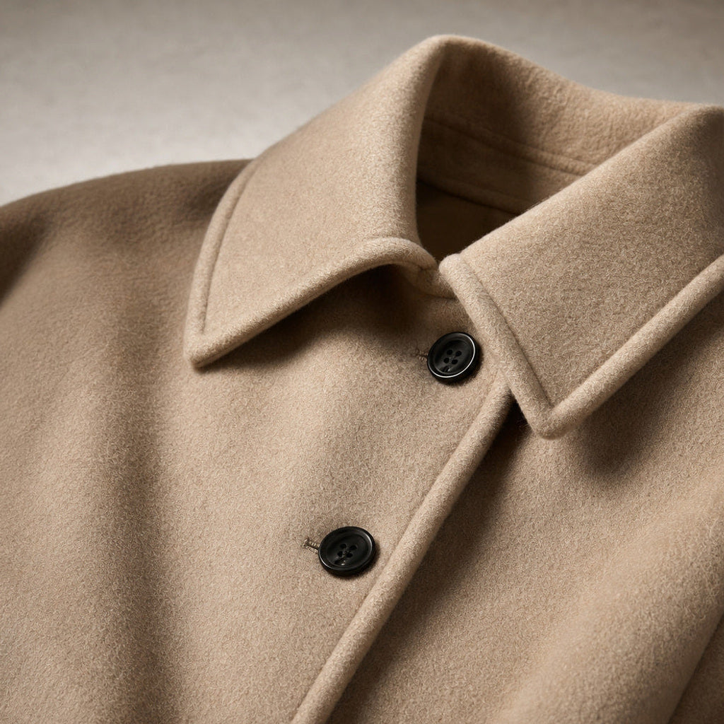 Heltrud | Kurzmantel mit Revers in Wollmischung Braun – Stoff- und Detailaufnahme