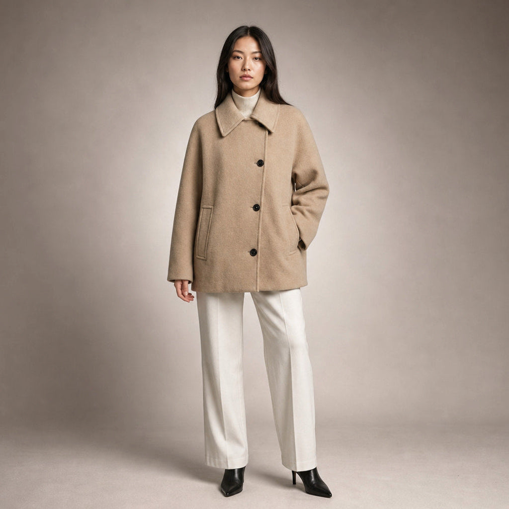 Heltrud | Kurzmantel mit Revers in Wollmischung Braun – Gesamtlook