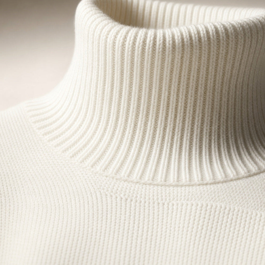 Henrike | Rollkragenpullover mit Rippstrick in lockerer Passform Weiß – Stoff- und Detailaufnahme