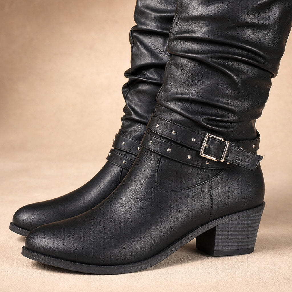 Herbertine | Overknee Stiefel mit Nietenschnalle Schwarz – Stoff- und Detailaufnahme