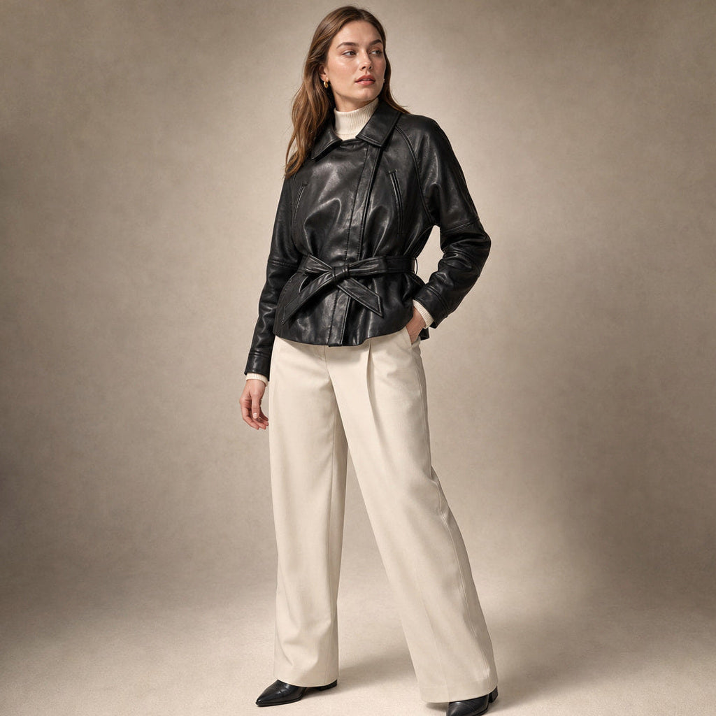 Herlind | Kunstlederjacke mit Gürtel Schwarz Schwarz – Seitenansicht