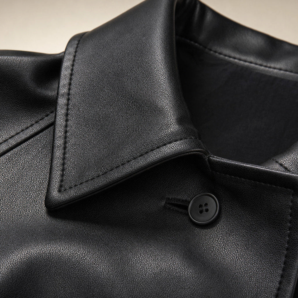 Herlind | Kunstlederjacke mit Gürtel Schwarz Schwarz – Stoff- und Detailaufnahme
