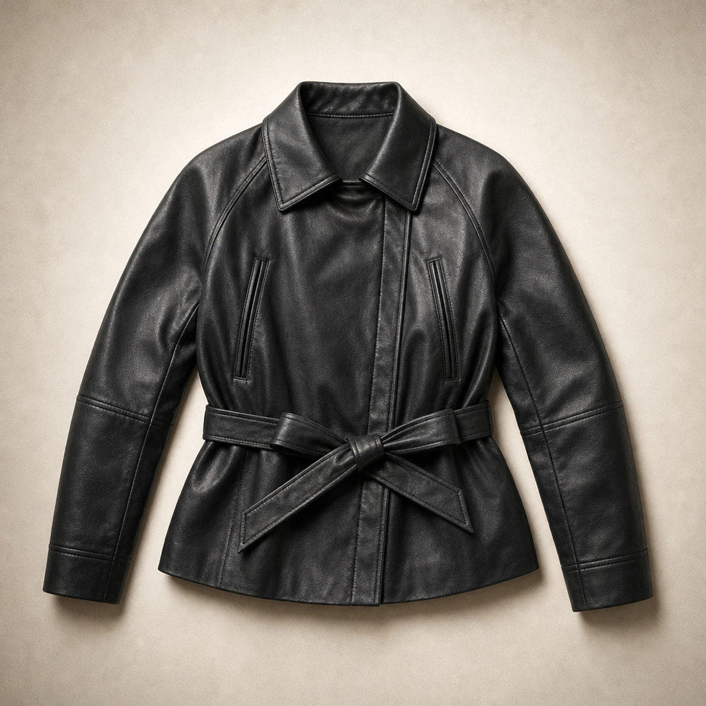 Herlind | Kunstlederjacke mit Gürtel Schwarz Schwarz – Flatlay-Produktfoto