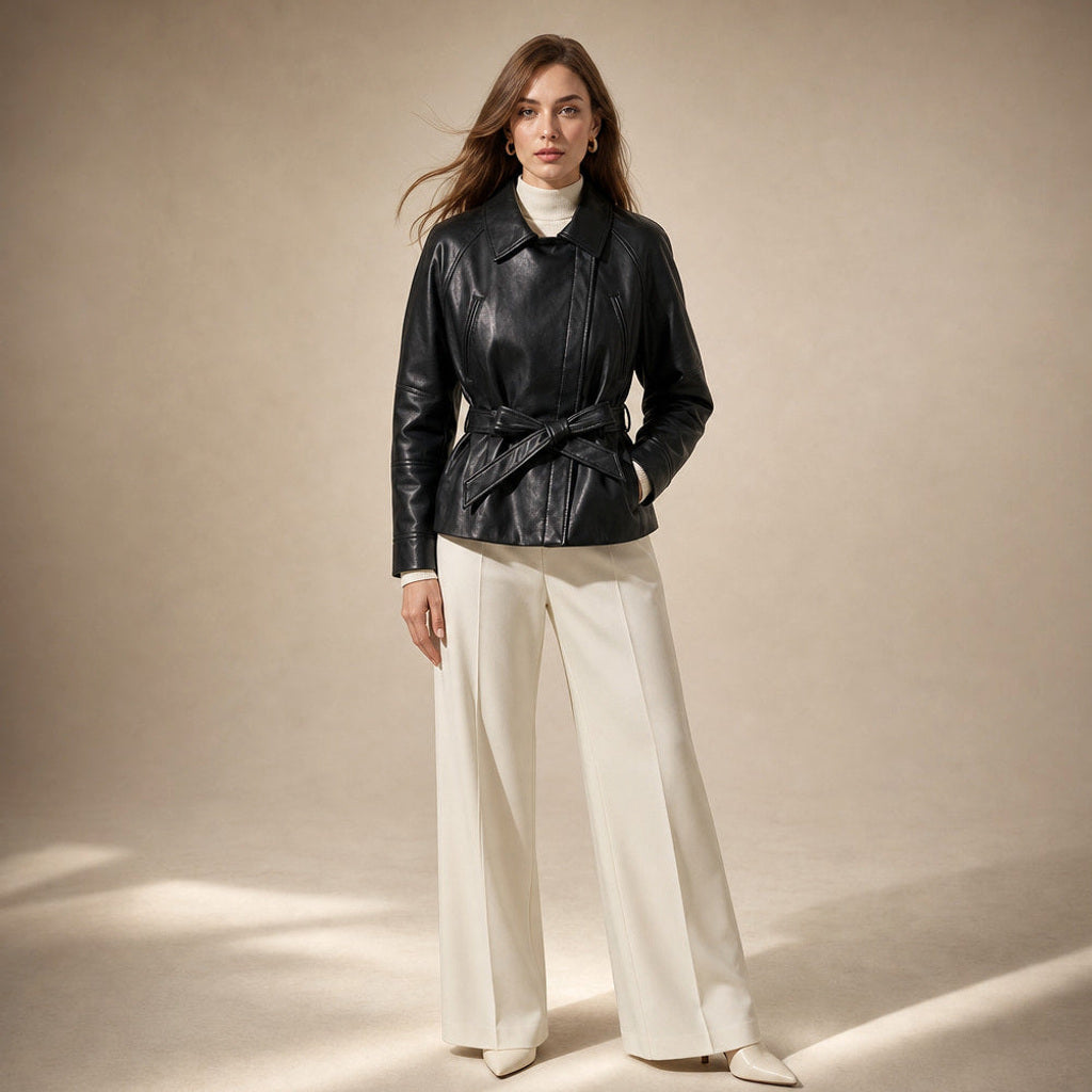 Herlind | Kunstlederjacke mit Gürtel Schwarz Schwarz – Gesamtlook