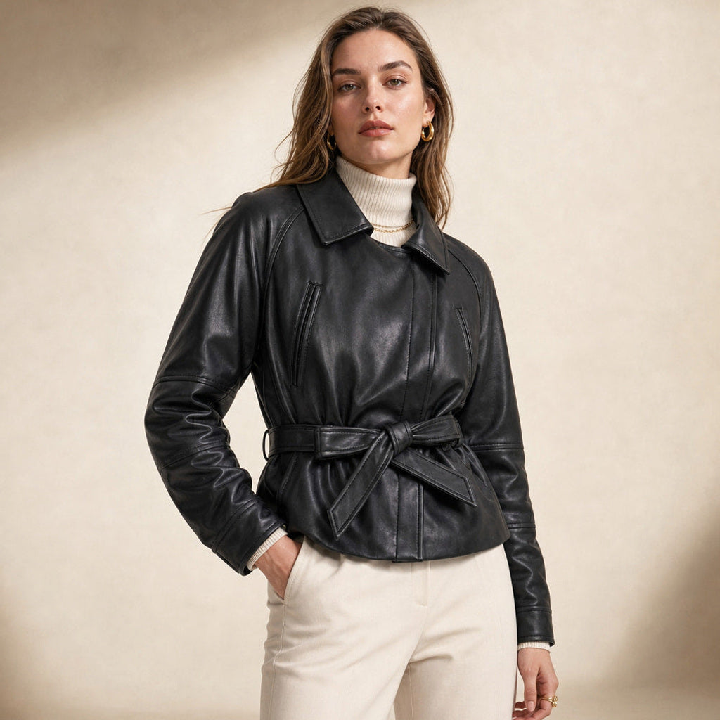 Herlind | Kunstlederjacke mit Gürtel Schwarz Schwarz – Produktfoto