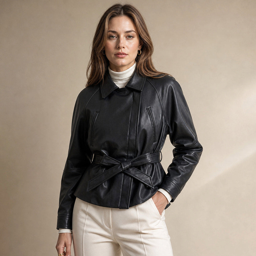 Herlind | Kunstlederjacke mit Gürtel Schwarz in Schwarz – Premium Editorial