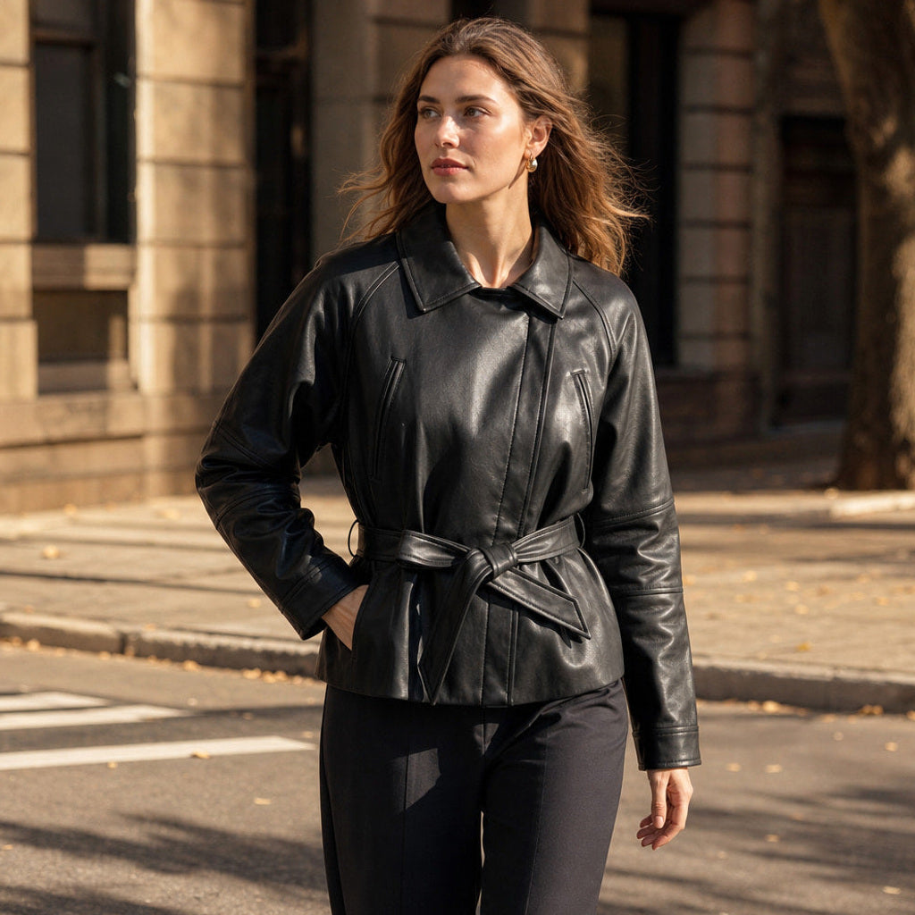 Herlind | Kunstlederjacke mit Gürtel Schwarz Schwarz – Gestyltes Editorial-Foto