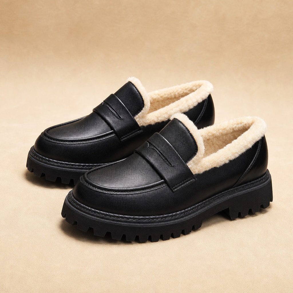 Herlinde | Plateau-Loafer mit Fleecefutter und Kettensteg Schwarz – Produktfoto