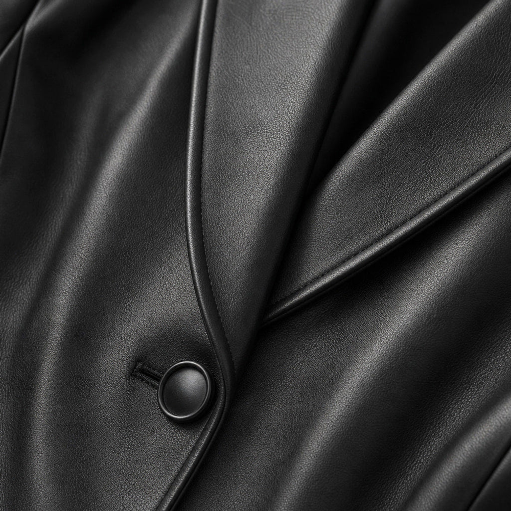 Hermine | Blazer Schwarz in Lederoptik Schwarz – Stoff- und Detailaufnahme