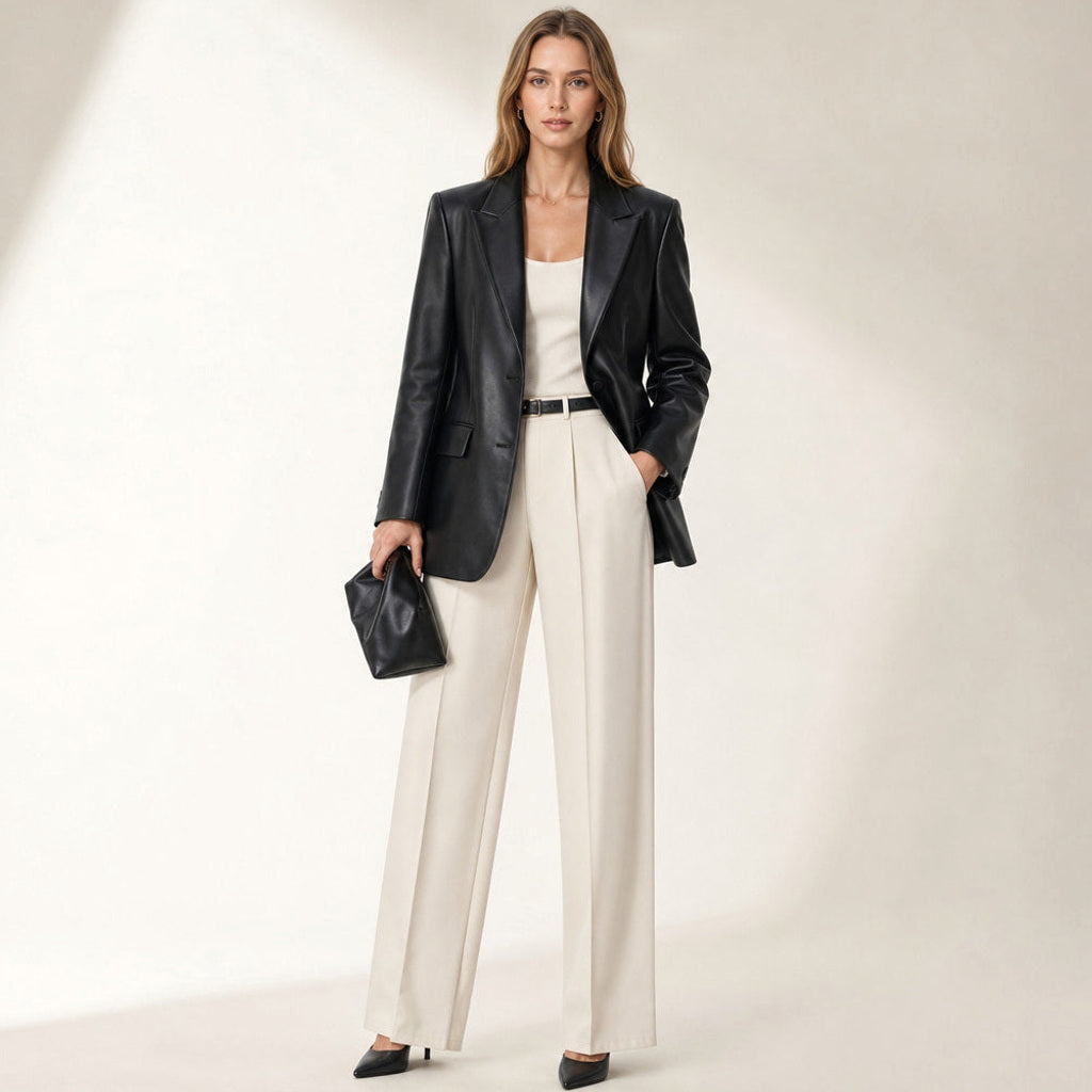 Hermine | Blazer Schwarz in Lederoptik Schwarz – Gesamtlook