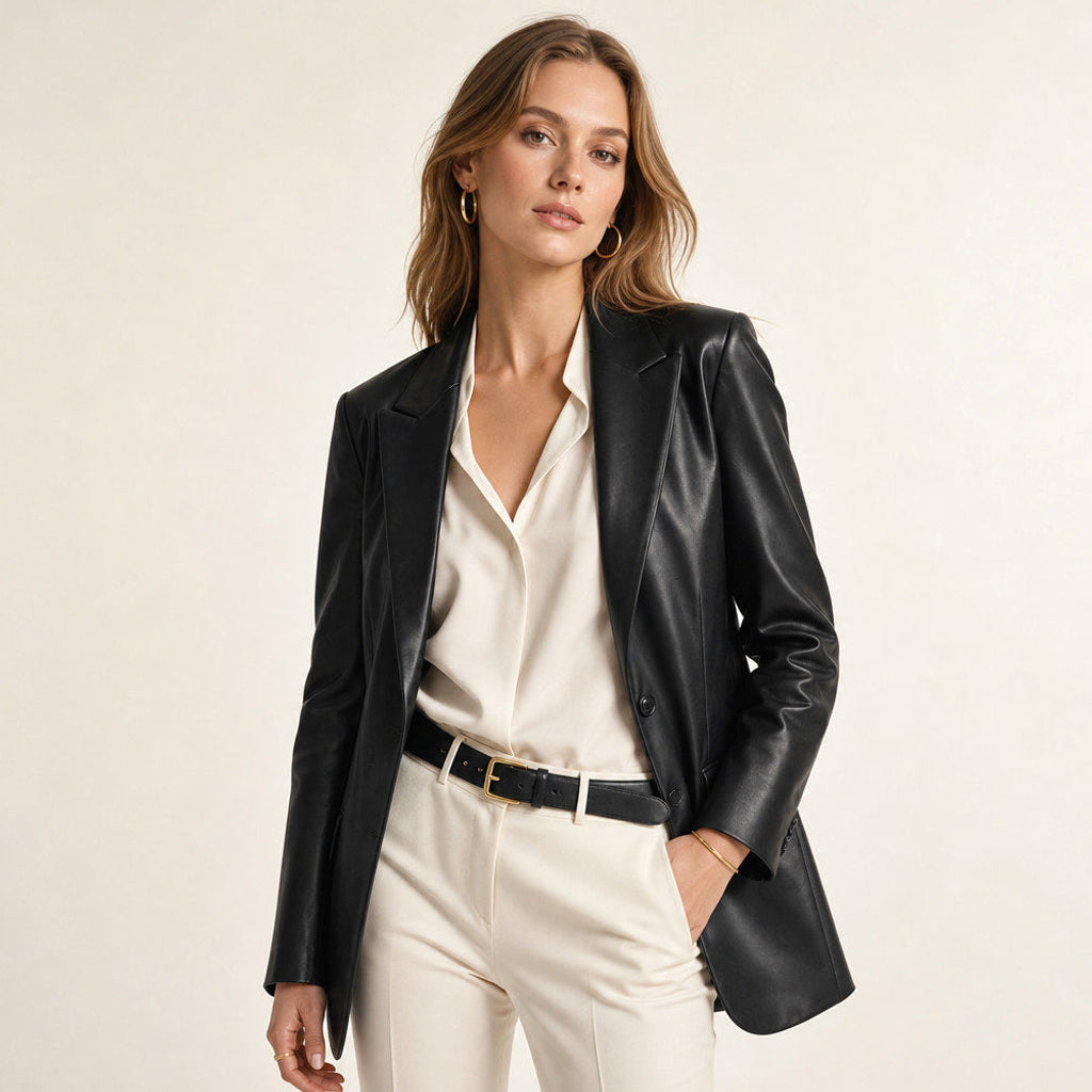 Hermine | Blazer Schwarz in Lederoptik Schwarz – Produktfoto
