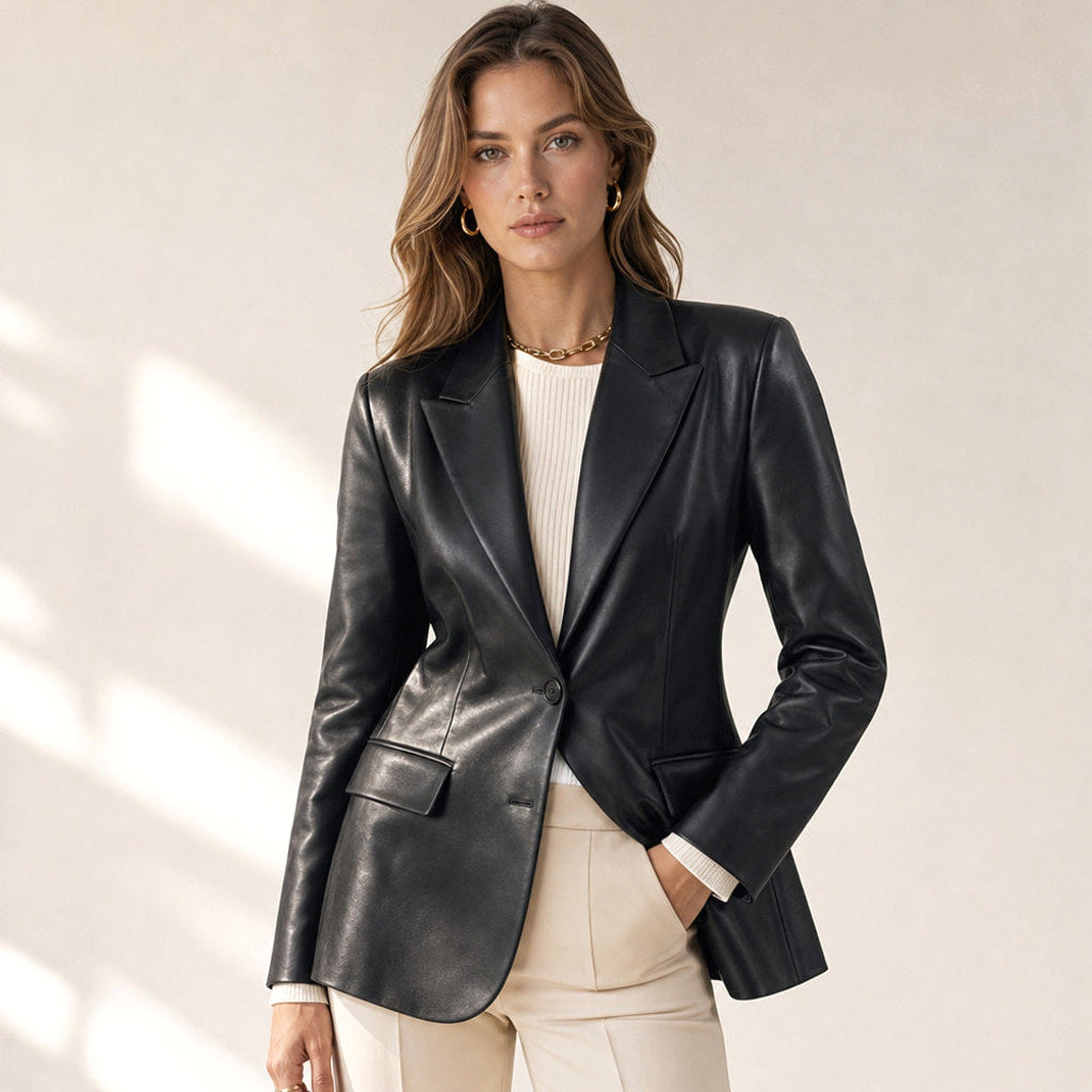 Hermine | Blazer Schwarz in Lederoptik in Schwarz – Premium Editorial