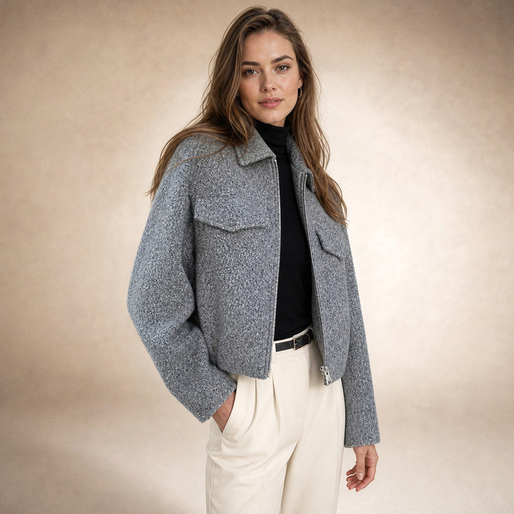 Hildburg | Boucle Jacke Damen kastig geschnitten Grau – Seitenansicht