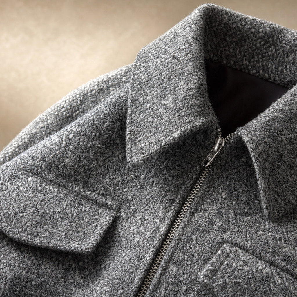 Hildburg | Boucle Jacke Damen kastig geschnitten Grau – Stoff- und Detailaufnahme