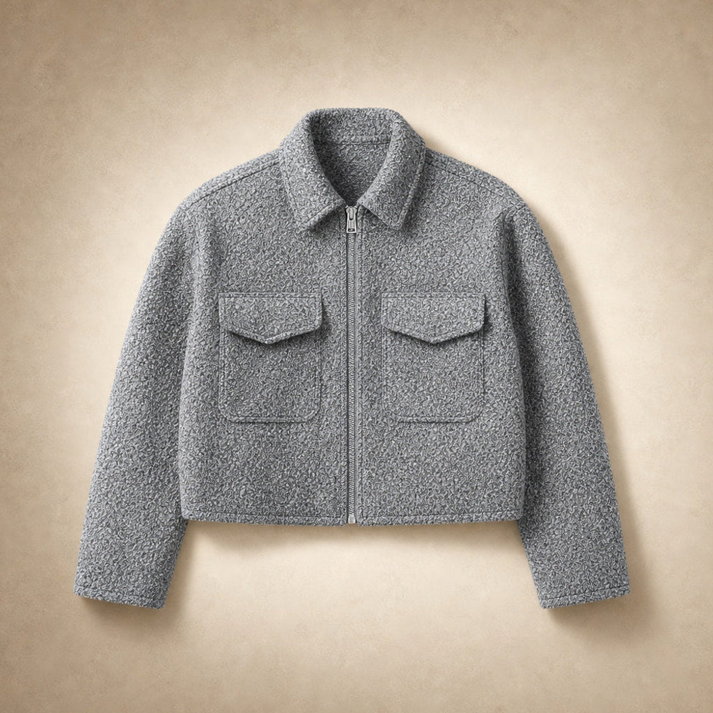 Hildburg | Boucle Jacke Damen kastig geschnitten Grau – Flatlay-Produktfoto