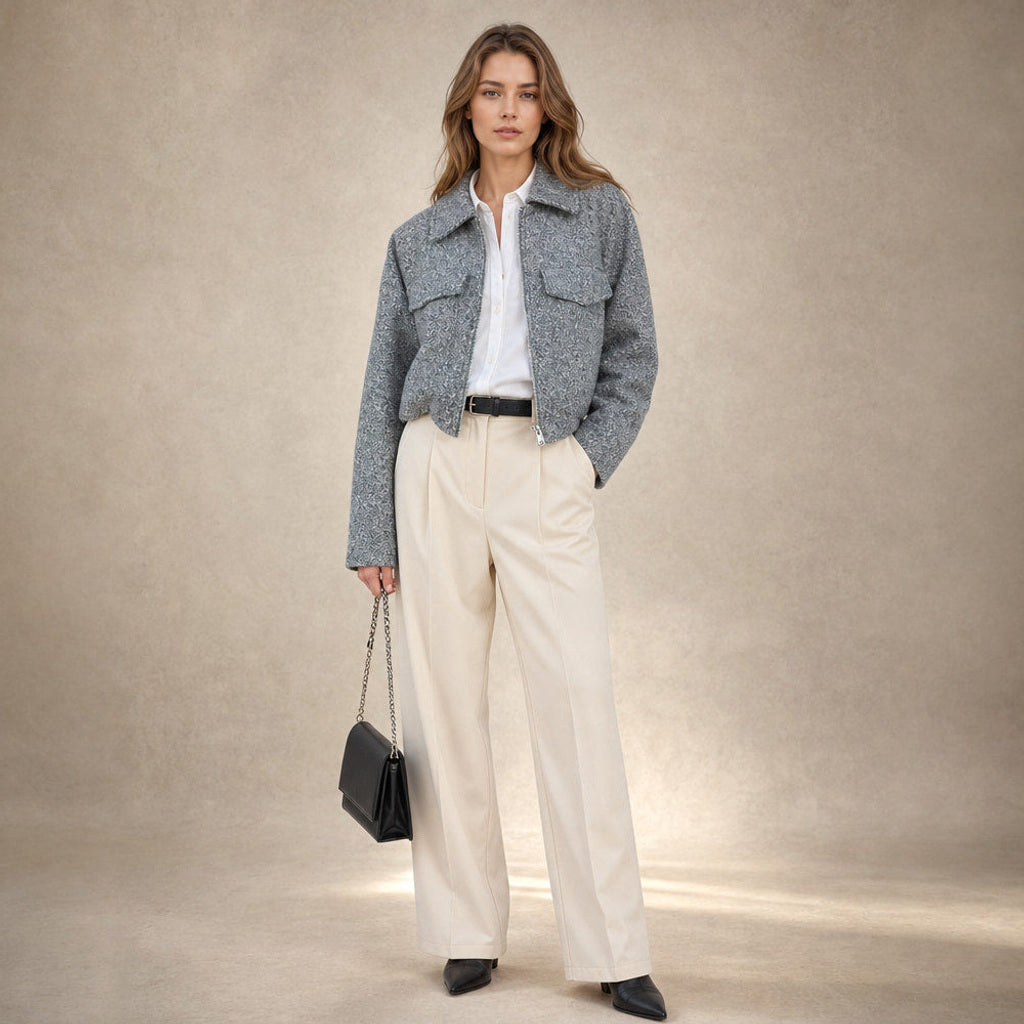 Hildburg | Boucle Jacke Damen kastig geschnitten Grau – Gesamtlook