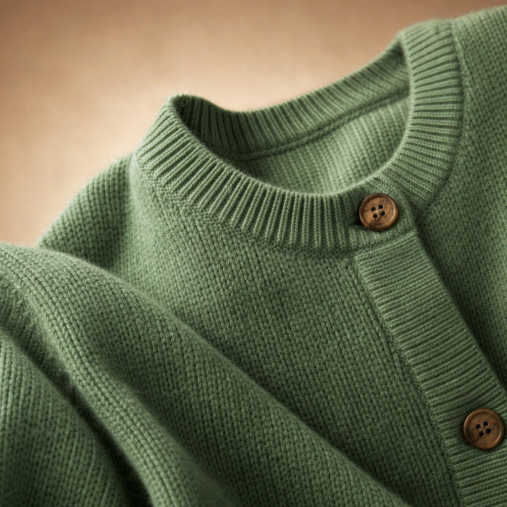 Hildeburgis | Strickjacke mit Knopfleiste und Rundhals Grün – Stoff- und Detailaufnahme