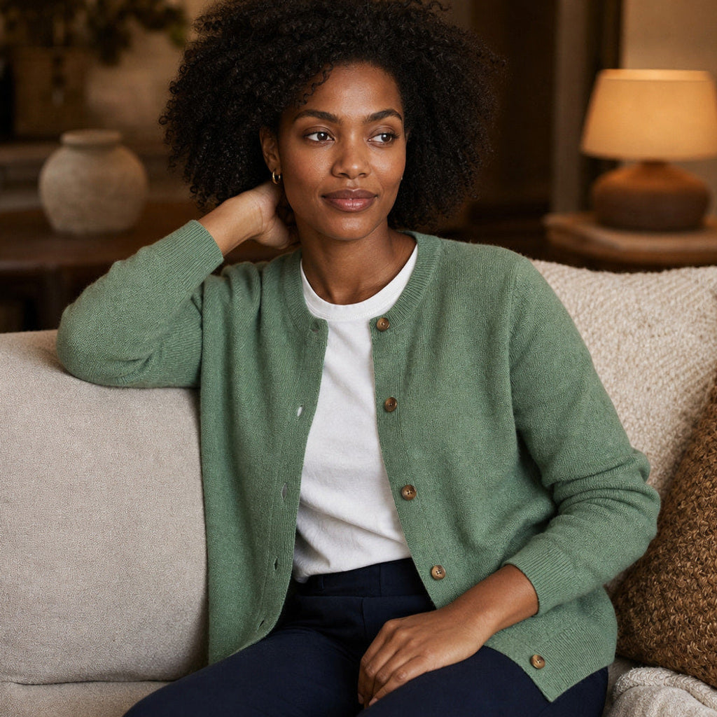 Hildeburgis | Strickjacke mit Knopfleiste und Rundhals Grün – Gestyltes Editorial-Foto