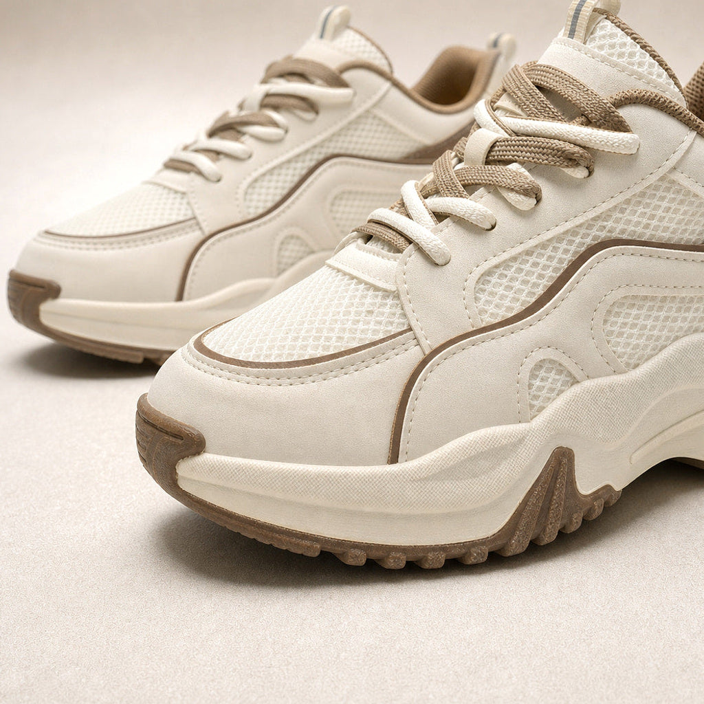Hildelind | Plateau Sneaker mit Mesh-Einsätzen Creme – Stoff- und Detailaufnahme