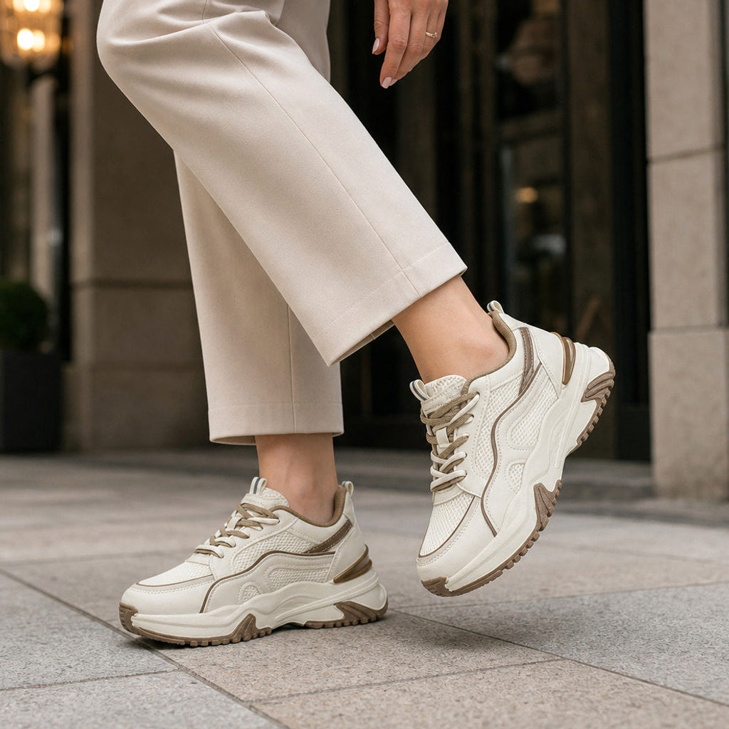 Hildelind | Plateau Sneaker mit Mesh-Einsätzen Creme – Gesamtlook