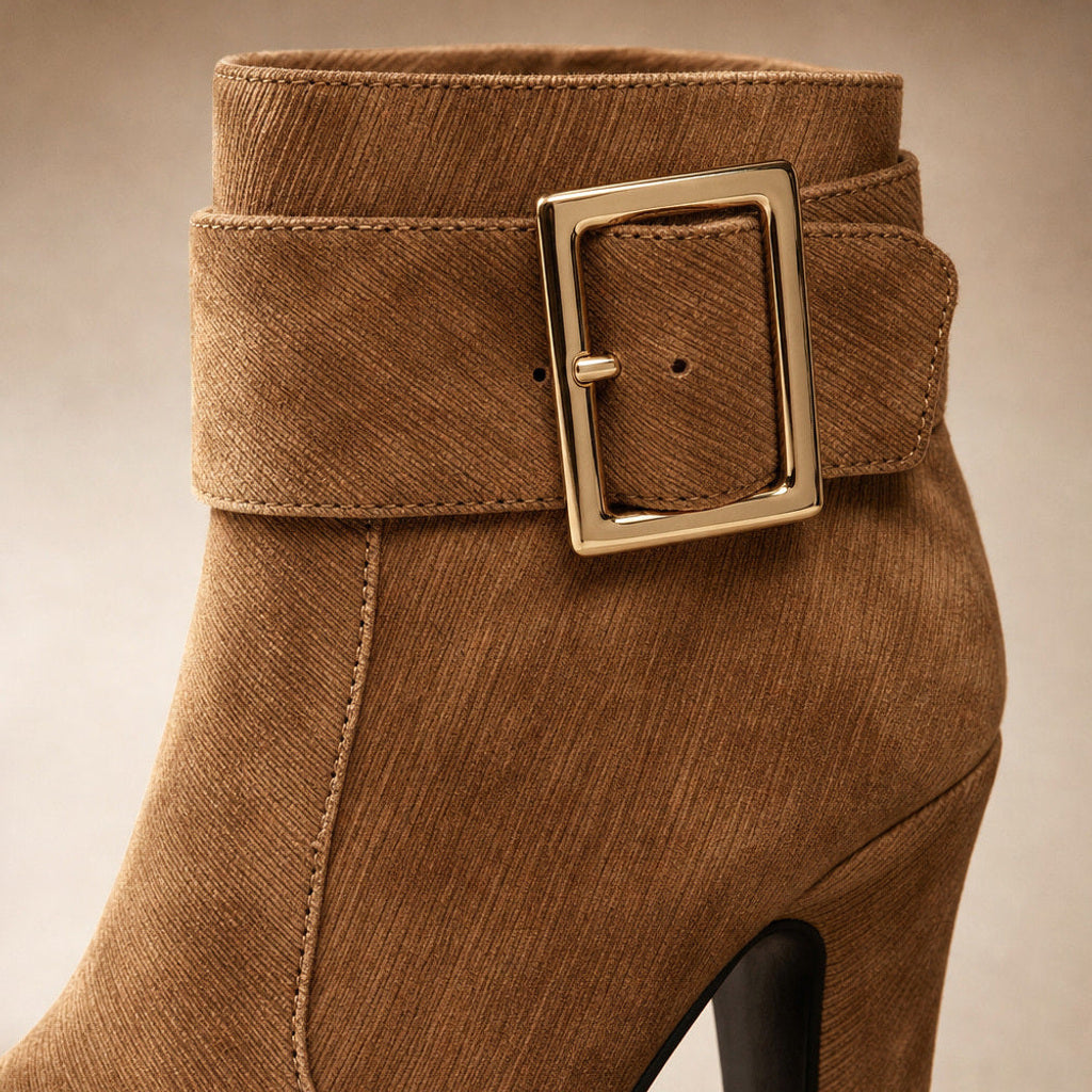 Hildrade | Plateau-Pumps mit Blockabsatz und Zierschnalle Braun – Stoff- und Detailaufnahme