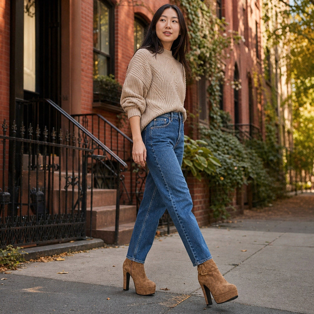 Hildrade | Plateau-Pumps mit Blockabsatz und Zierschnalle Braun – Gestyltes Editorial-Foto
