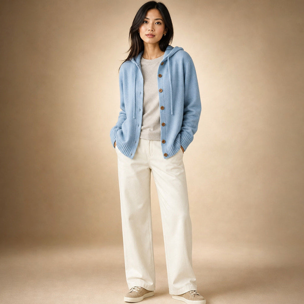 Hildtraud | Strickjacke mit Kapuze und Knopfleiste Blau – Gesamtlook