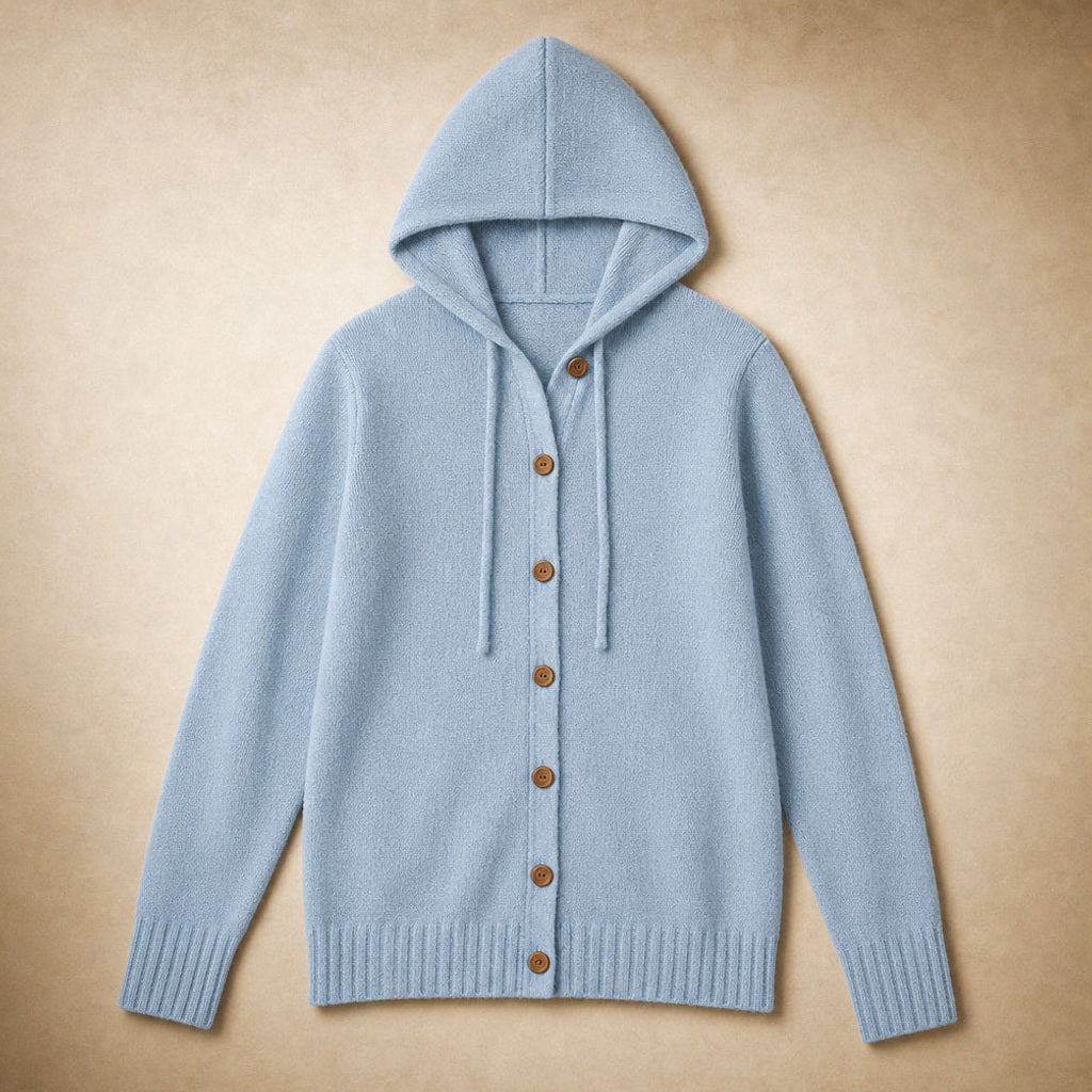 Hildtraud | Strickjacke mit Kapuze und Knopfleiste Blau – Produktfoto