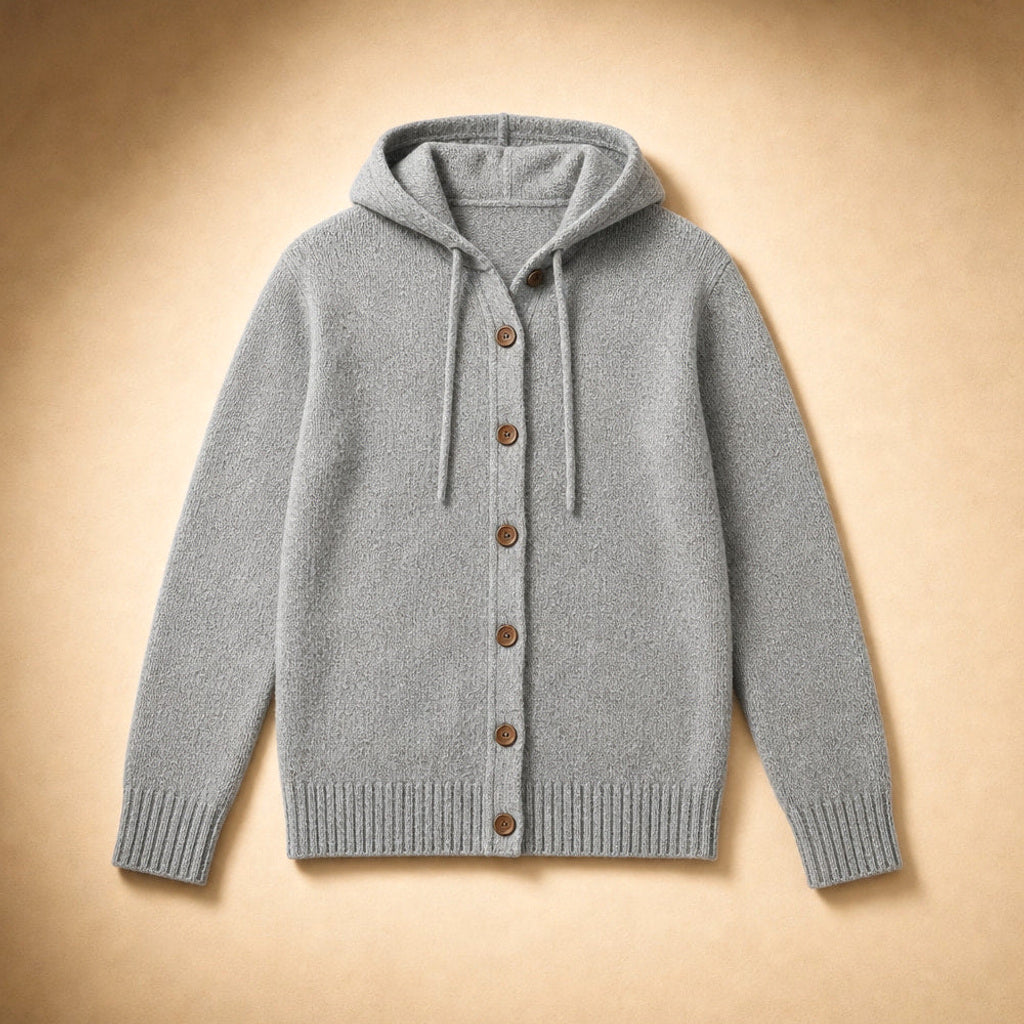 Hildtraud | Strickjacke mit Kapuze und Knopfleiste Grau – Produktfoto