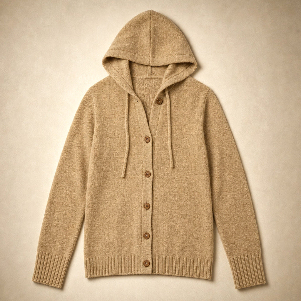 Hildtraud | Strickjacke mit Kapuze und Knopfleiste Khaki – Produktfoto