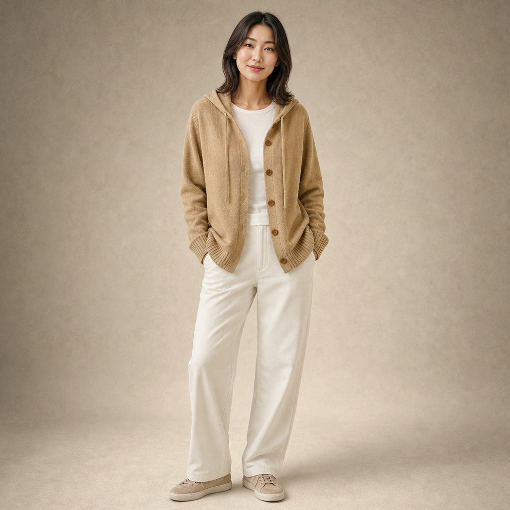 Hildtraud | Strickjacke mit Kapuze und Knopfleiste in Khaki – Premium Editorial