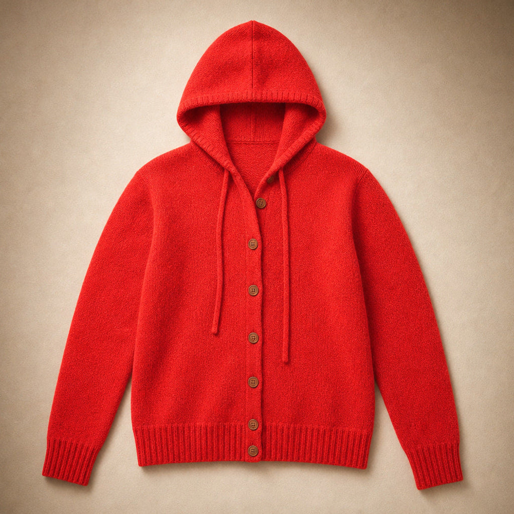 Hildtraud | Strickjacke mit Kapuze und Knopfleiste Rot – Produktfoto