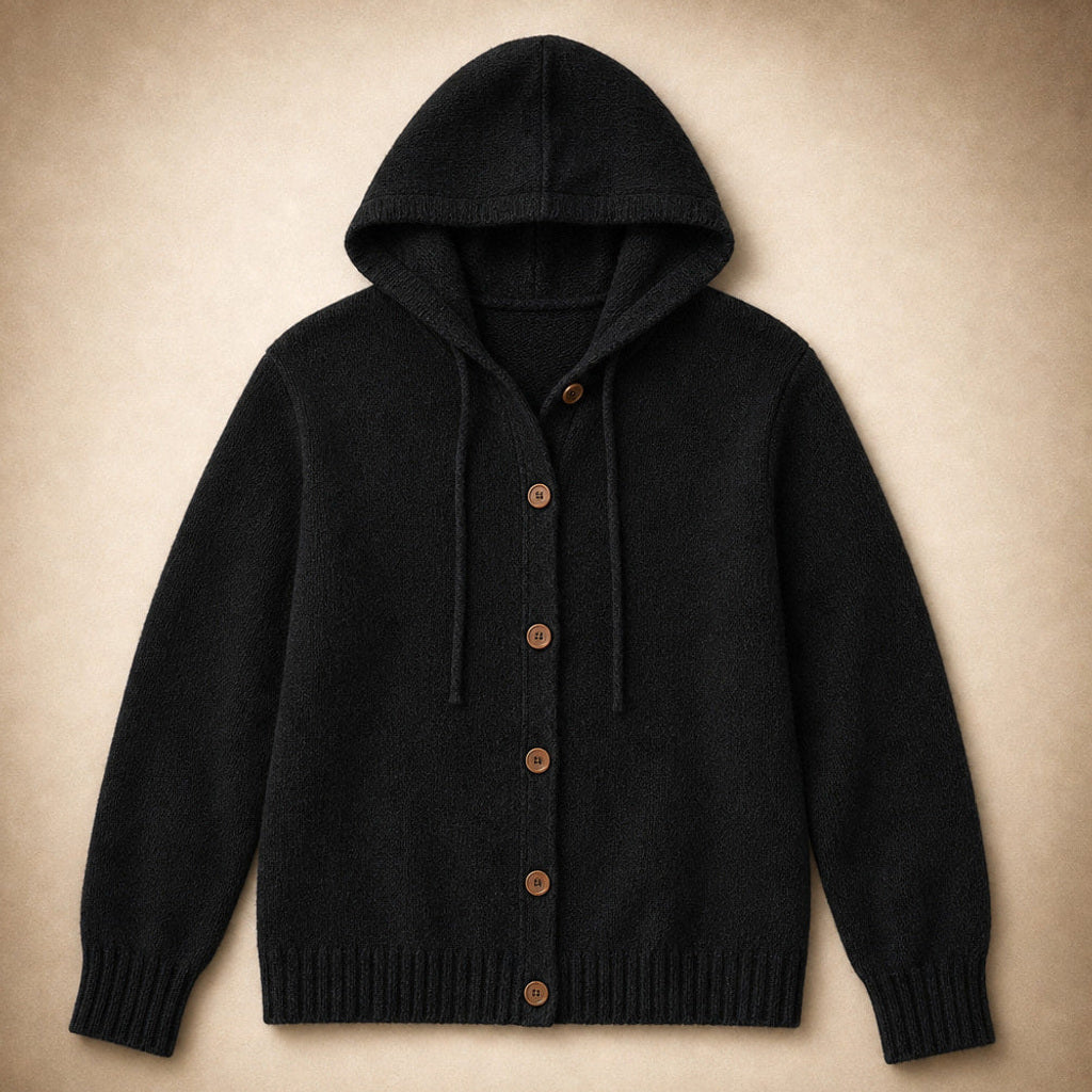 Hildtraud | Strickjacke mit Kapuze und Knopfleiste Schwarz – Produktfoto