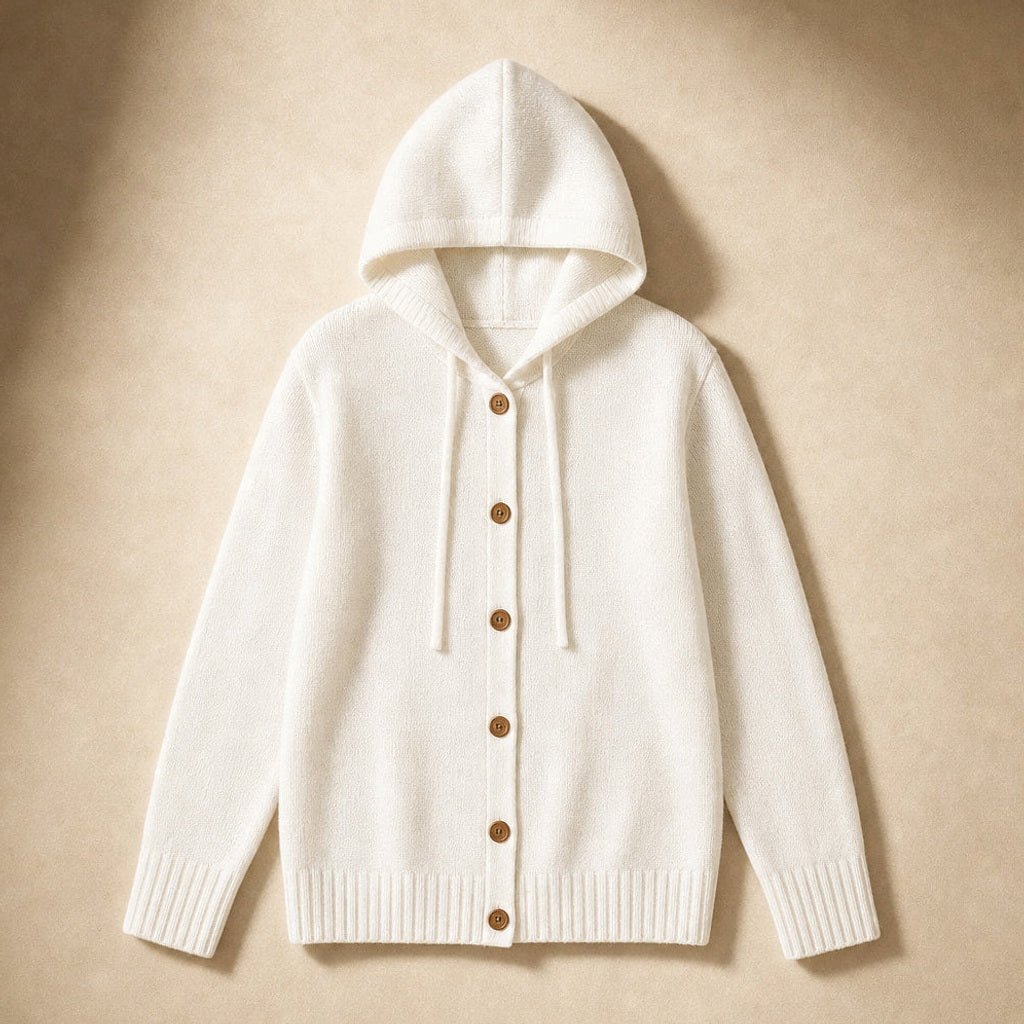 Hildtraud | Strickjacke mit Kapuze und Knopfleiste Weiß – Produktfoto