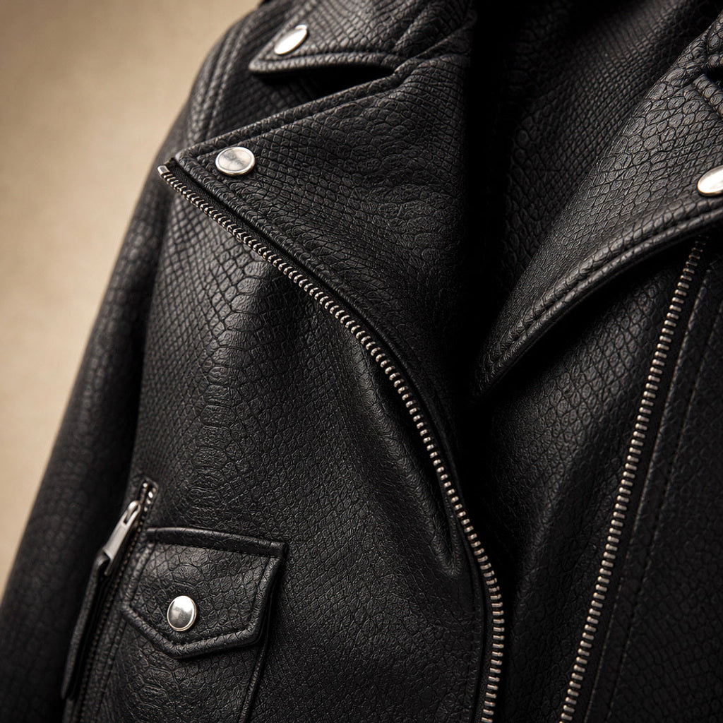 Hildtrud | Bikerjacke mit Schlangenprint Slim Fit Schwarz – Stoff- und Detailaufnahme